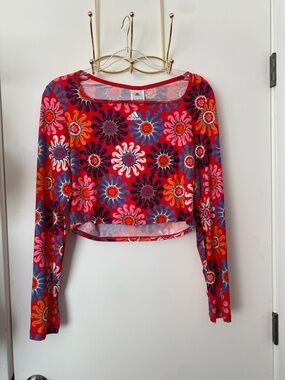 ADIDAS x FARM RIO Women's Red Pink Floral-Print Long Sleeve Crop Top NWT!